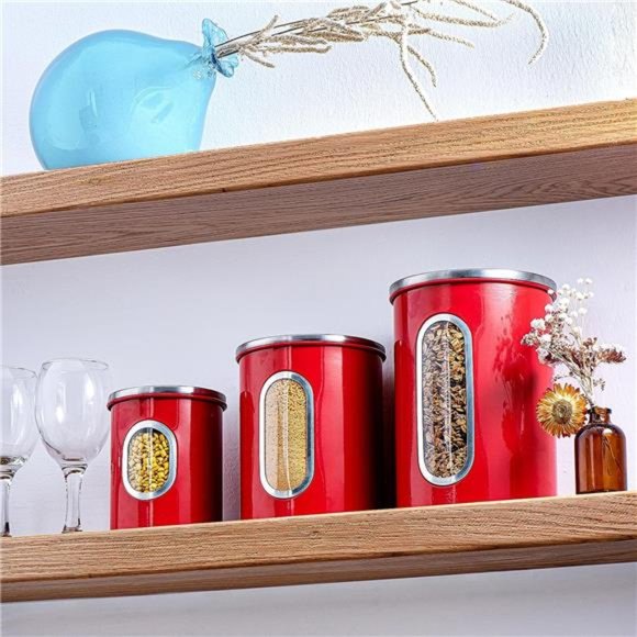 3 Piece Red Canisters Sets For The Kitchen, Kitchen Jars With See Through Window - Picture 6 of 7